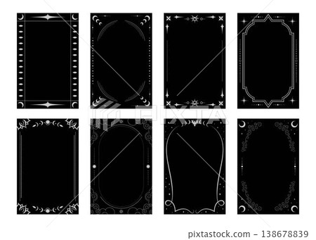 Set of various tarot card frames of different style with celestial elements. Tarot card border templates. Vector illustration Set of various tarot card frames of different style with celestial elements. Tarot card border templates. Vector illustration 138678839