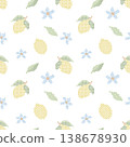 Seamless Cross Stitch Lemon Pattern Blue Floral Embroidery Summer Kitchen Baby Textile Fabric Background 138678930
