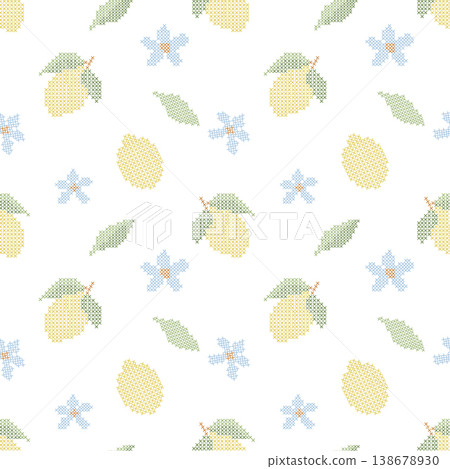 Seamless Cross Stitch Lemon Pattern Blue Floral Embroidery Summer Kitchen Baby Textile Fabric Background Seamless Cross Stitch Lemon Pattern Blue Floral Embroidery Summer Kitchen Baby Textile Fabric Background 138678930