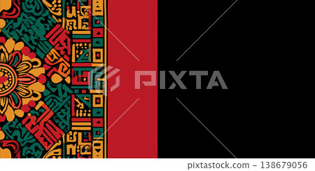 African cultural heritage abstract illustration featuring red, gold, green, and black motifs with ample copy space copy space banner 138679056
