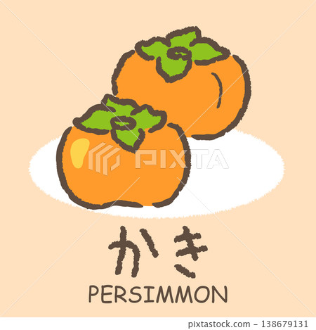 平假名水果插畫集 | 可愛的手繪水果和名稱素材 | 柿子 138679131