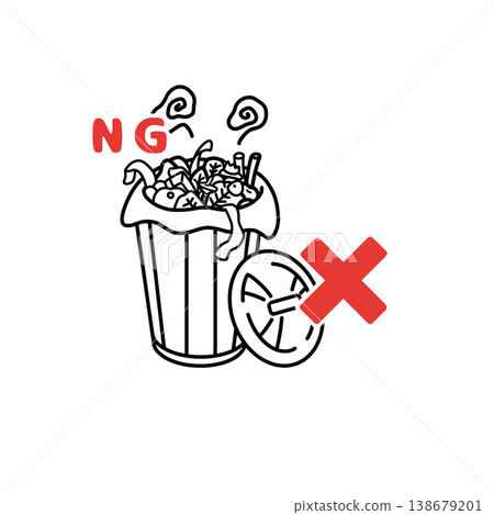 Closing the trash can lid is a hygiene rule (illustration) and a way to prevent food poisoning. 138679201