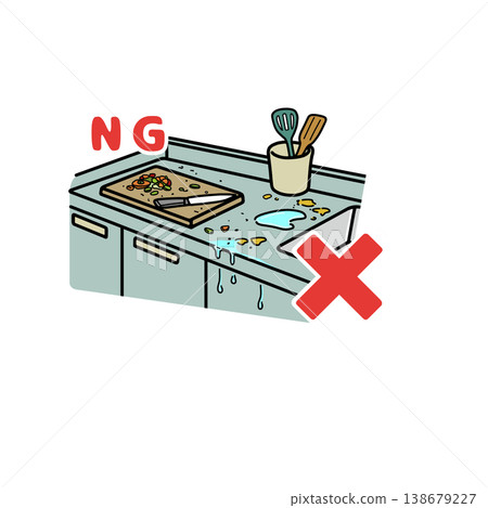 Cleaning the cooking counter is not allowed. (Hygiene management: Dirty work surface. Food poisoning prevention. Illustration) Cleaning the cooking counter is not allowed. (Hygiene management: Dirty work surface. Food poisoning prevention. Illustration) 138679227