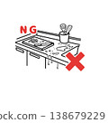 Cleaning the cooking counter is not allowed. (Hygiene management: Dirty work surface. Food poisoning prevention. Illustration) 138679229