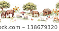 Watercolor Farm Animals Seamless Border Pattern Horizontal Countryside Scene Nursery Farmhouse Design 138679320