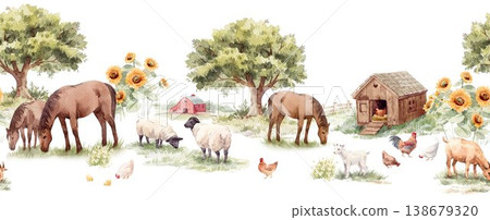 Watercolor Farm Animals Seamless Border Pattern Horizontal Countryside Scene Nursery Farmhouse Design Watercolor Farm Animals Seamless Border Pattern Horizontal Countryside Scene Nursery Farmhouse Design 138679320