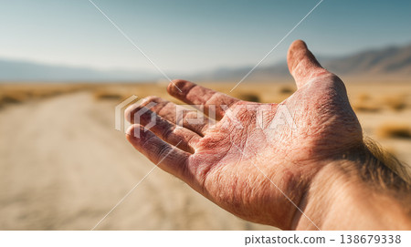Dry cracked hand reaching out in hot desert landscape dehydration climate change global warming environmental crisis concept 138679338