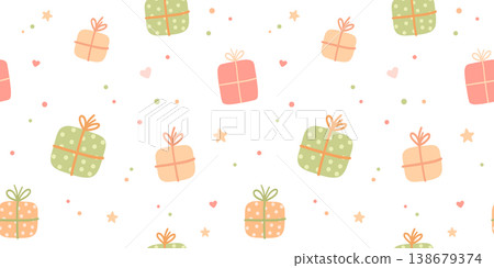 Seamless pattern with cute gift box in pastel colors. Party vector background for children celebrations Seamless pattern with cute gift box in pastel colors. Party vector background for children celebrations 138679374