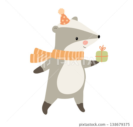 Cute badger with party hat holding gift box, vector animal character illustration for celebration and baby greeting design Cute badger with party hat holding gift box, vector animal character illustration for celebration and baby greeting design 138679375