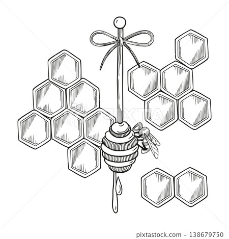 Hand-drawn graphic illustration, ready to use composition with honeycombs, honey dipper, bee for ingredients, product design Hand-drawn graphic illustration, ready to use composition with honeycombs, honey dipper, bee for ingredients, product design 138679750