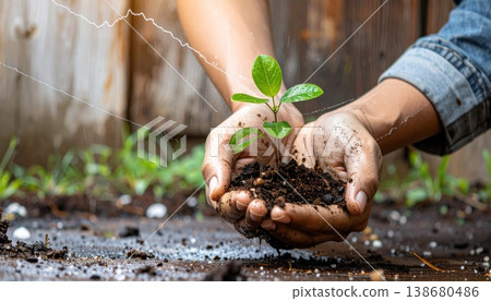 hands planting young tree in soil 138680486