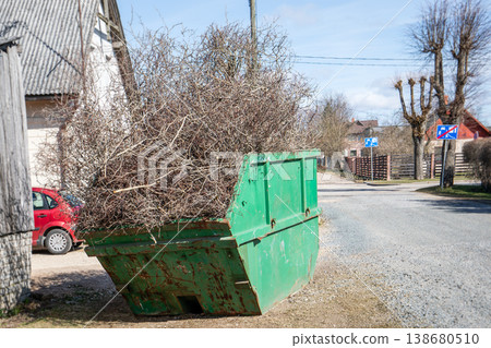 Green Waste Container Filled with Tree Branches on Residential Street 138680510