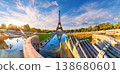 Trocadero Gardens Fountain and Eiffel Tower, beautiful sunset view of Paris, France 138680601