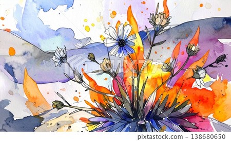 watercolor painting of leaf and flowers watercolor painting of leaf and flowers 138680650