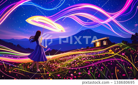 woman in dress on night landscape background woman in dress on night landscape background 138680695