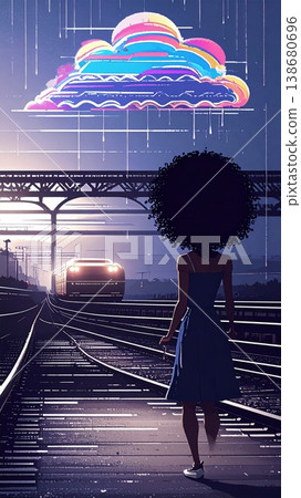 silhouette of a girl on the railway silhouette of a girl on the railway 138680696