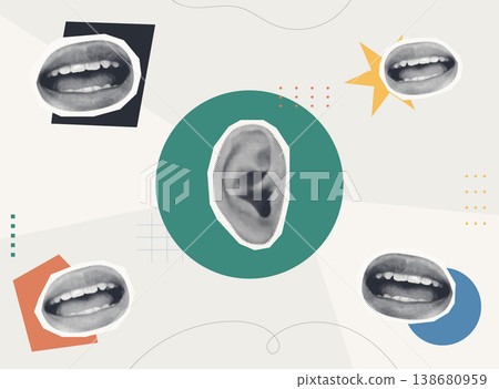 Trendy Halftone Collage style illustration of multiple mouths speaking toward a central ear on geometric background, representing customer feedback, listening and voice of customer concept. 138680959