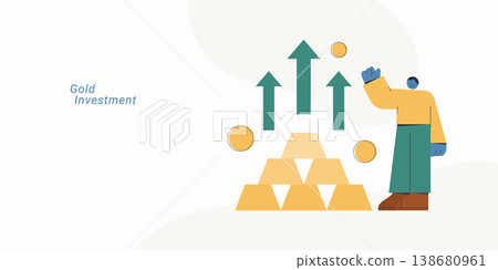 Flat style illustration of a person standing next to stacked gold bars with upward arrows and floating coins, representing gold investment, wealth growth and financial success concept. Flat style illustration of a person standing next to stacked gold bars with upward arrows and floating coins, representing gold investment, wealth growth and financial success concept. 138680961
