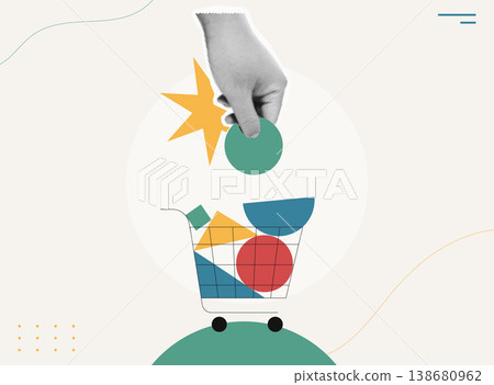 Trendy halftone collage of person hand dropping colorful geometric shapes into shopping cart, flat design concept for e-commerce, online retail, purchase decision, and digital shopping. Trendy halftone collage of person hand dropping colorful geometric shapes into shopping cart, flat design concept for e-commerce, online retail, purchase decision, and digital shopping. 138680962