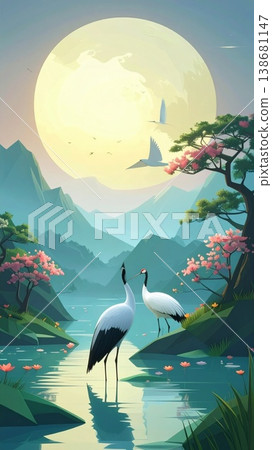 nature scene with birds and mountains nature scene with birds and mountains 138681147