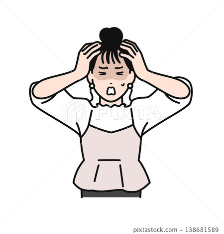 A simple vector illustration of a young woman with her hair tied up, holding her head in her hands in worry. A simple vector illustration of a young woman with her hair tied up, holding her head in her hands in worry. 138681589