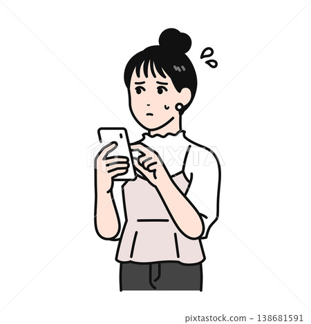 一幅簡單的向量插圖,描繪了一位頭髮紮起來的年輕女子,她神情憂慮地使用著智慧型手機。 一幅簡單的向量插圖,描繪了一位頭髮紮起來的年輕女子,她神情憂慮地使用著智慧型手機。 138681591