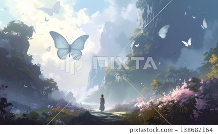 butterfly flying on a fish in the aquarium butterfly flying on a fish in the aquarium 138682164