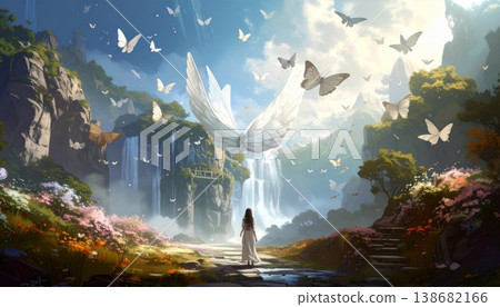 flying dragon on waterfall background flying dragon on waterfall background 138682166