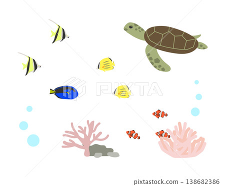 Fish and sea turtles swimming in the ocean Fish and sea turtles swimming in the ocean 138682386