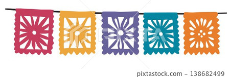 Papel Picado Banner Garland. Colorful Mexican Fiesta Flags. Traditional Decorative Bunting for Cinco de Mayo, Day of the Dead, Dia de Muertos. Sao Joao Arraia. Flat Vector Illustration Isolated Papel Picado Banner Garland. Colorful Mexican Fiesta Flags. Traditional Decorative Bunting for Cinco de Mayo, Day of the Dead, Dia de Muertos. Sao Joao Arraia. Flat Vector Illustration Isolated 138682499