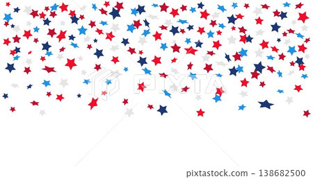 Falling blue red white star shaped confetti isolated on background. 4th July Independence day party decor, invitation, vector web banner in Usa, Czech Russia flag colors. Top view, flat lay copy space 138682500