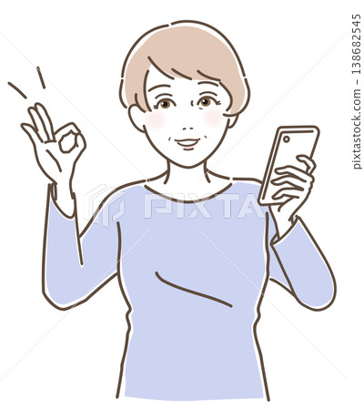 Smiling middle-aged and elderly women (40s, 50s, 60s, seniors) holding smartphones and giving an OK sign. Smiling middle-aged and elderly women (40s, 50s, 60s, seniors) holding smartphones and giving an OK sign. 138682545