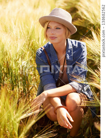 Field, thinking and woman with adventure, nature and ideas with tourism, summer and countryside with journey. Happy person, travelling and girl with happiness, daydreaming and fantasy with sunshine Field, thinking and woman with adventure, nature and ideas with tourism, summer and countryside with journey. Happy person, travelling and girl with happiness, daydreaming and fantasy with sunshine 138682562
