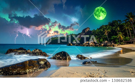 tropical beach with moon and cloud sky tropical beach with moon and cloud sky 138682586