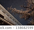 Against a deep blue night sky, the Sakuramon Gate is on the left and cherry blossoms in full bloom are on the right. Against a deep blue night sky, the Sakuramon Gate is on the left and cherry blossoms in full bloom are on the right. 138682599