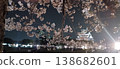 Cherry blossom branches in full bloom stretch across the plaza with Osaka Castle and Osaka Business Park in the background at night. 138682601