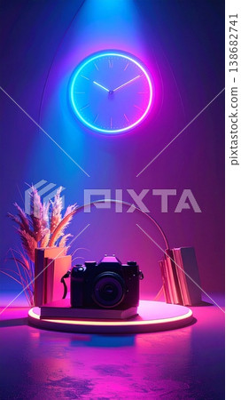 retro camera with film reels and alarm clock 138682741