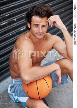 Basketball workout, sports man and thinking, planning and problem solving competition solution, exercise or practice. Player, athlete and person brainstorming game, match or challenge plan on ground 138682808
