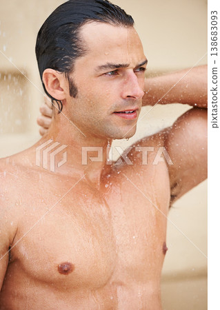Shower, beauty and man with water for cleaning, washing hair and grooming for healthy skin. Satisfaction, spa treatment and person with splash for hygiene, wellness and skincare hydration and cleanse Shower, beauty and man with water for cleaning, washing hair and grooming for healthy skin. Satisfaction, spa treatment and person with splash for hygiene, wellness and skincare hydration and cleanse 138683093