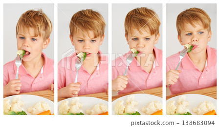 Food, wellness and child eating vegetables for a healthy, growth and health diet at his home. Nutrition, dinner and boy kid by a dining table with produce lunch, snack or meal at his modern house. 138683094
