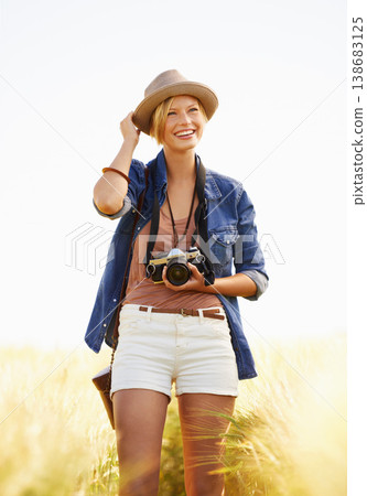 Nature, photography and woman with a camera, smile and journey with adventure, travel and memory with sunshine. Happy person, countryside or summer with photographer, outdoor and freedom with picture Nature, photography and woman with a camera, smile and journey with adventure, travel and memory with sunshine. Happy person, countryside or summer with photographer, outdoor and freedom with picture 138683125