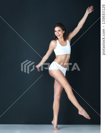 Happy woman, portrait and body in underwear on mockup for diet, weight loss or fitness against a studio background. Attractive female person or model smile in slim, lean figure or health and wellness Happy woman, portrait and body in underwear on mockup for diet, weight loss or fitness against a studio background. Attractive female person or model smile in slim, lean figure or health and wellness 138683126