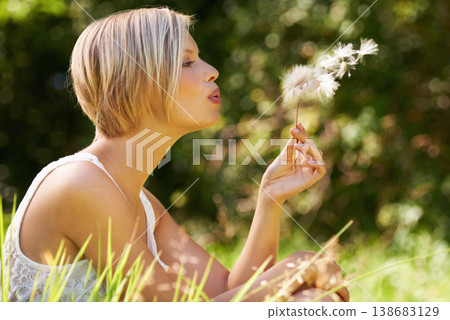 Dandelion, outdoor or woman with nature, wish or summer with hope, forest or vacation. Person, park and girl with magic in a garden, dream or holiday with travelling, adventure or spring with fantasy Dandelion, outdoor or woman with nature, wish or summer with hope, forest or vacation. Person, park and girl with magic in a garden, dream or holiday with travelling, adventure or spring with fantasy 138683129