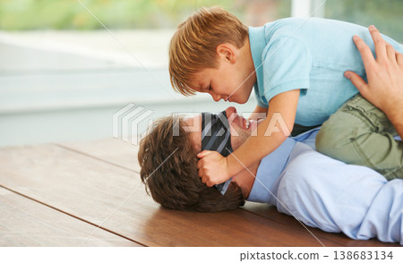 Man, blindfold and game to play with child, living room floor or happy together by support of businessman. Papa, boy and smile in family home, fantasy and love with hug, care and tie on face Man, blindfold and game to play with child, living room floor or happy together by support of businessman. Papa, boy and smile in family home, fantasy and love with hug, care and tie on face 138683134