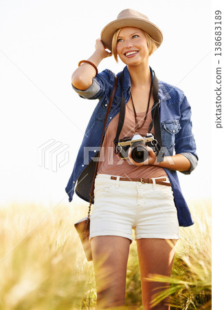 Field, photographer and woman with a camera, adventure and thinking with ideas, nature and memory. Person, countryside and girl with photography, tourism and journey with sunshine, smile and travel Field, photographer and woman with a camera, adventure and thinking with ideas, nature and memory. Person, countryside and girl with photography, tourism and journey with sunshine, smile and travel 138683189