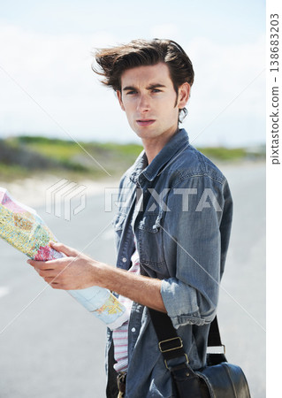 Lost, man and reading a map on a road trip, journey or planning travel on a highway. Check, location and confused person with destination to explore on adventure in countryside with direction to city Lost, man and reading a map on a road trip, journey or planning travel on a highway. Check, location and confused person with destination to explore on adventure in countryside with direction to city 138683203