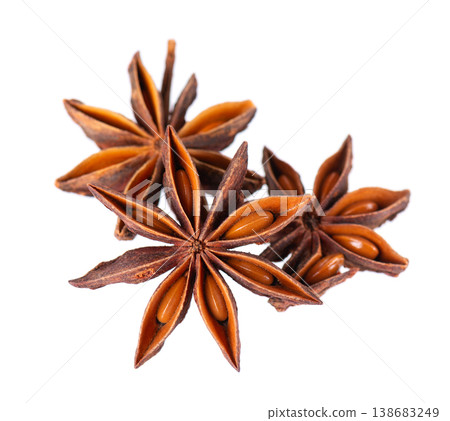 Star anise isolated on white background. Anise stars or badian spice. Clipping path. 138683249