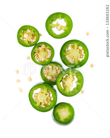Fresh jalapeno pepper isolated on white background. Slices of green hot serrano pepper. Clipping path. Top view. 138683262