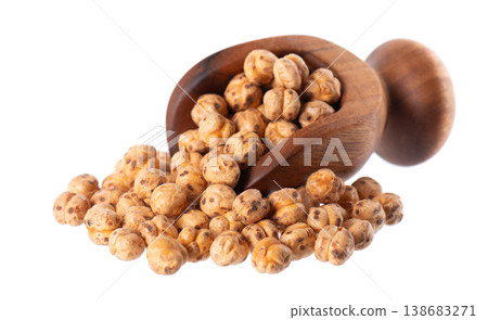 Roasted chickpea isolated on white background. Handful of crunchy roasted chickpeas snack in wooden spoon. Clipping path. Roasted chickpea isolated on white background. Handful of crunchy roasted chickpeas snack in wooden spoon. Clipping path. 138683271