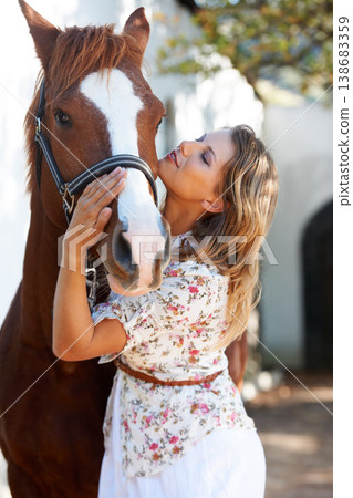Smile, natural and young woman with her horse on an outdoor farm for sports racing. Happy, training and confident female person from Canada with equestrian animal in countryside ranch with love. Smile, natural and young woman with her horse on an outdoor farm for sports racing. Happy, training and confident female person from Canada with equestrian animal in countryside ranch with love. 138683359